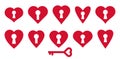 Heart shaped padlocks vector logos or icons set, locks and turnkeys love theme in a shape of hearts open or closed emotions, Royalty Free Stock Photo