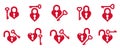 Heart shaped padlocks vector logos or icons set, locks and turnkeys love theme in a shape of hearts open or closed emotions,