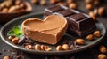 Heart-shaped peanut butter spread on plate with chocolate, peanuts Royalty Free Stock Photo
