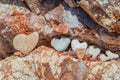 Heart shaped pebble standing on a lush lava rock background. Romantic background, Valentines day concept. Royalty Free Stock Photo