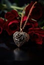 A heart shaped pendant with a chain and roses on black background, AI Royalty Free Stock Photo