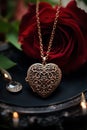 A heart shaped pendant with a diamond and red rose, AI Royalty Free Stock Photo