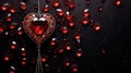 A heart shaped pendant with red crystals hanging from a chain, AI