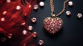 A heart shaped pendant with a red ribbon and pink stones, AI Royalty Free Stock Photo