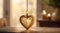 Heart-shaped pendant on a rustic wooden table, vintage golden gift nostalgic lighting Royalty Free Stock Photo