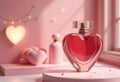 A heart-shaped perfume bottle stands on a pink surface Royalty Free Stock Photo