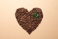 Heart shaped pile of coffee beans and fresh green leaves on light orange background Royalty Free Stock Photo