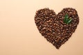 Heart shaped pile of coffee beans and fresh green leaves on light orange background, top view Royalty Free Stock Photo