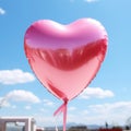 Heart shaped pink balloon flying against on blue sky background with white clouds, greeting card for Valentine's day Royalty Free Stock Photo