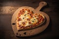 a heart-shaped pizza with melted cheese and a steamy crust, resting on a wooden board.