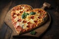 a heart-shaped pizza with melted cheese and a steamy crust, resting on a wooden board.