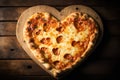 a heart-shaped pizza with melted cheese and a steamy crust, resting on a wooden board.