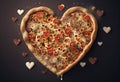 Heart shaped pizza with pepperoni, salami and mozzarella on dark background generative ai