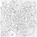 Heart shaped pizza with shrimps.Coloring book antistress for children and adults. Illustration isolated on white