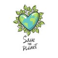 Heart shaped planet earth with leaves, Cartoon globe. green circle isolated. Saving planet concept emblem. love ecology earth Royalty Free Stock Photo