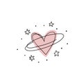 Heart shaped planet with stars, endless hand drawing. Linear icon on white background, concept of self love, help and Royalty Free Stock Photo