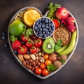 heart-shaped plate filled with a colorful array of healthy foods Royalty Free Stock Photo