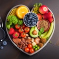 heart-shaped plate filled with a colorful array of healthy foods Royalty Free Stock Photo