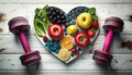 heart shaped plate with fruits and vegetables and dumbbells on wooden background