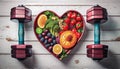 heart shaped plate with fruits and vegetables and dumbbells on wooden background