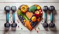 heart shaped plate with fruits and vegetables and dumbbells on wooden background