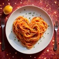 Heart shaped plate of pasta spaghetti, romantic meal for sharing Royalty Free Stock Photo