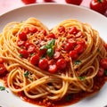 Heart shaped plate of pasta spaghetti, romantic meal for sharing Royalty Free Stock Photo