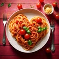 Heart shaped plate of pasta spaghetti, romantic meal for sharing Royalty Free Stock Photo