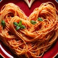 Heart shaped plate of pasta spaghetti, romantic meal for sharing Royalty Free Stock Photo