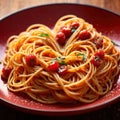 Heart shaped plate of pasta spaghetti, romantic meal for sharing Royalty Free Stock Photo