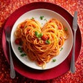 Heart shaped plate of pasta spaghetti, romantic meal for sharing Royalty Free Stock Photo