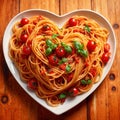 Heart shaped plate of pasta spaghetti, romantic meal for sharing Royalty Free Stock Photo