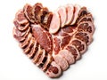 Heart-shaped platter with various cured and raw meat slices - AI Generated Royalty Free Stock Photo