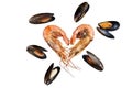 Heart-shaped prawns and mussels, isolated Royalty Free Stock Photo
