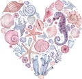 Heart-shaped print with watercolor marine elements. Illustration with seahorse, starfish, seashells, corals, seaweed Royalty Free Stock Photo