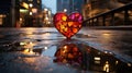 A heart-shaped puddle reflecting a vibrant cityscape after a rainfall by AI generated Royalty Free Stock Photo