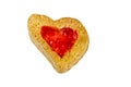 Heart shaped puff cookies with jam isolated on white background. Top view. Dessert on Valentine`s Day