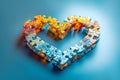 Heart-shaped puzzle on blue background symbolizing beautiful complexity of diversity