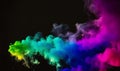 Heart shaped rainbow colored smoke in plain black background. Generative AI