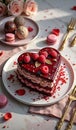 Heart-shaped raspberry chocolate cake with macarons on elegant table setting Royalty Free Stock Photo