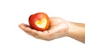 Hand Holding a heart shape red apple on white background Royalty Free Stock Photo