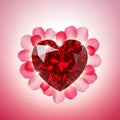 Heart-Shaped Red Gemstone with Rose Petals Royalty Free Stock Photo