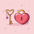 Heart shaped red lock with golden key with a little heart Royalty Free Stock Photo