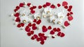 Heart-shaped red object on a plain surface with a mix of red and white flowers scattered around, symbolizing romance Royalty Free Stock Photo