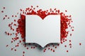 Heart shaped red petals surround an open blank book on a light background Royalty Free Stock Photo