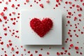 Heart shaped red petals surround an open blank book on a light background Royalty Free Stock Photo