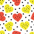 Heart-shaped red and yellow watermelon slice vector seamless pattern.