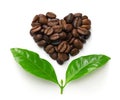 Heart shaped roasted coffee beans and leaves, fair trade concept image Royalty Free Stock Photo