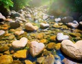 Heart shaped rocks in a gently flowing stream: Valentine concept with sun rays coming in from top