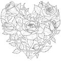 Heart shaped roses.Coloring book antistress for children and adults.